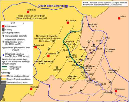 Present and past hydrological conditions of the Dover Beck catchment